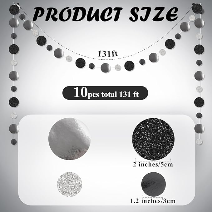 Outus 10 Pieces Black,Silver Round Dots Garland Easter Graduation Party Hanging Decor Each Length 13.1ft Glitter Paper Dot Streamers for Birthday Wedding Classroom