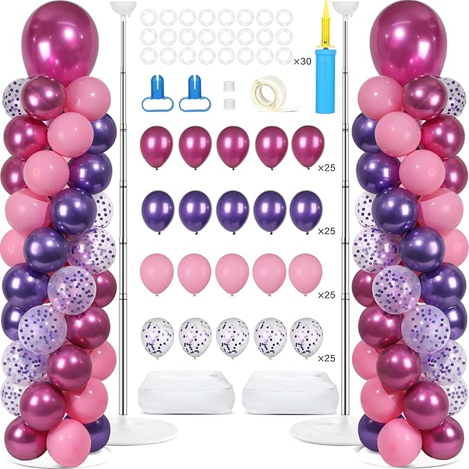 2 Sets Pink and Purple Balloon Column Stand Kit with 102 Balloons Adjustable Balloon Tower Stand with Bases for Floor Confetti Balloons Column Kit for Graduation Birthday Appreciation Party Decor