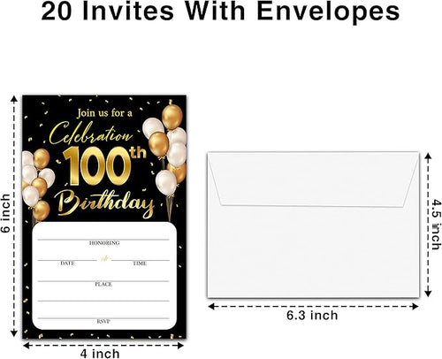 100th Birthday Invitation Cards with Envelopes - Classic Gold Theme Fill in The Blank Birthday Party Invite Cards, for Man, Woman Entertain Banquet Party Supplies, 20 Invites With Envelopes - B24