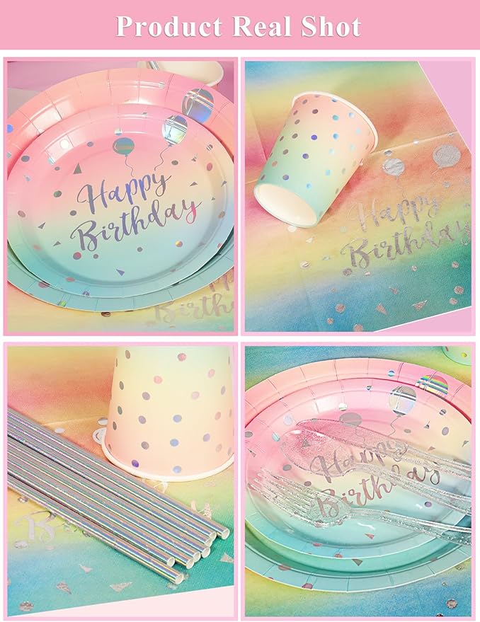 Birthday Party Tableware, 161 Pieces Rainbow and Silver Party Supplies, Dinnerware Sets Include Paper Plates Napkins Cups Silverware, for Shower Engagement Parties Decoration -20 Serves