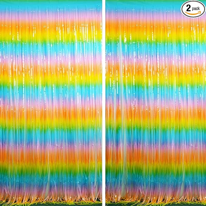 BRAVESHINE Colourful Tinsel Fringe Curtains - 2Pcs 3.2x8.2ft Holidays Photo Booths Streamers Backdrop for Easter/Princess/Pastel/Classroom/Bunny/Girl/Unicorn/Birthday/Bridal Shower Party Decorations