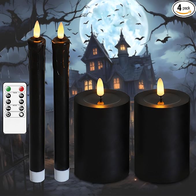 Lezonic Halloween Black Flameless Candles with Remote, Battery Operated Real Wax with Dripping Effect, Flickering LED Candles for Fireplace, Shelf, Centerpiece, Set of 4 (9.5" Taper & 5" Pillar