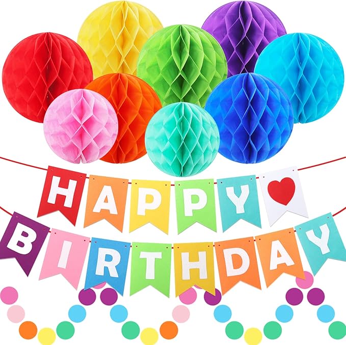 Happy Birthday Banner Decorations, Rainbow Birthday Decorations Set, Paper Flags with 9 Honeycomb Balls and Circle Dots Garland for Door Backdrop Wall Hanging Birthday Party Supplies
