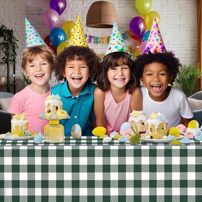 3 Pack Blackish Green Gingham Tablecloths, 54 X 108Inch Disposable Party Table Covers Scalloped Checkered Table Cloth Waterproof Blackish Green White Tablecloth for Birthday Barbecue Tea Party Wedding
