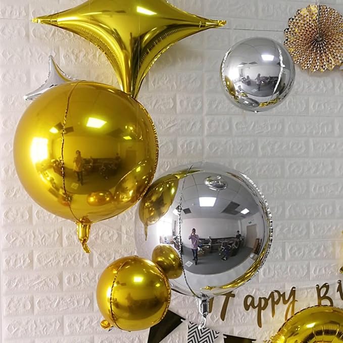 Gold and Silver Round Balloons Foil, 12 Pcs Round Shaped Balloon 4D Different Size 22" 18" 15" 10", Metallic Gold Silver Balloons for Prom Graduation Baby Shower Birthday New Years Party Decorations