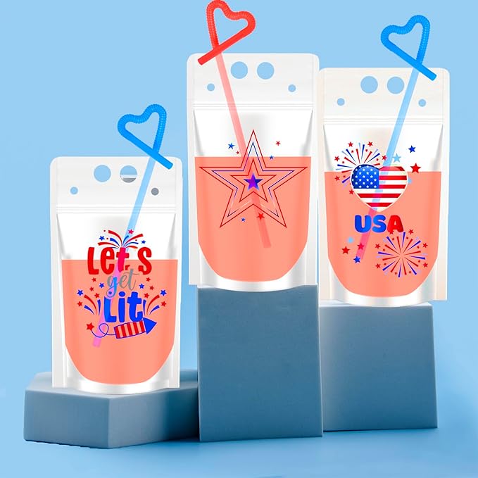 ChezMax 24PCS Drink Pouches for adults, Patriotic Drink Pouches with Straws, USA Party Favors, American Flag Party Supplies, Pouches Stand up Bags, Juice Pouches, 6 Styles, 500 ML