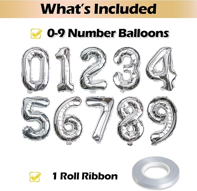 [10] 16" Number Silver Foil Balloons 0-9 set, Mylar Aluminum Hanging Numbers for Graduation Birthday Party Decorations Christmas New Year eve (10 Pcs)