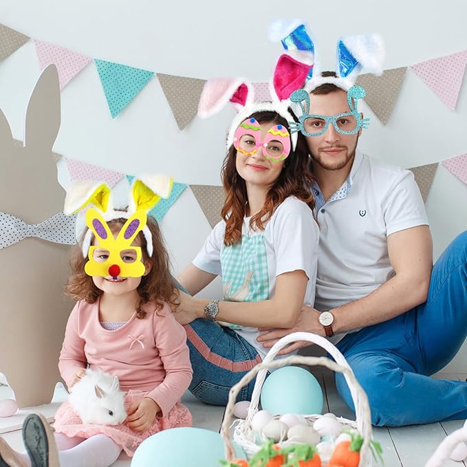 18PCS Easter Headbands Set – Bunny Ears & Glasses Frame Kit with Chick Egg Decor, Party Favors Photo Booth Props for Kids Adults