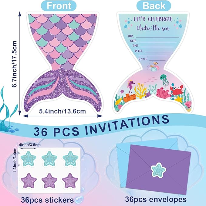 Qyeahkj 36 Sets Mermaid Birthday Invitations with Mermaid Envelopes Stickers Little Mermaid Invitations for Kids Birthday Mermaid Party Baby Shower Decoration Pool Party Supplies