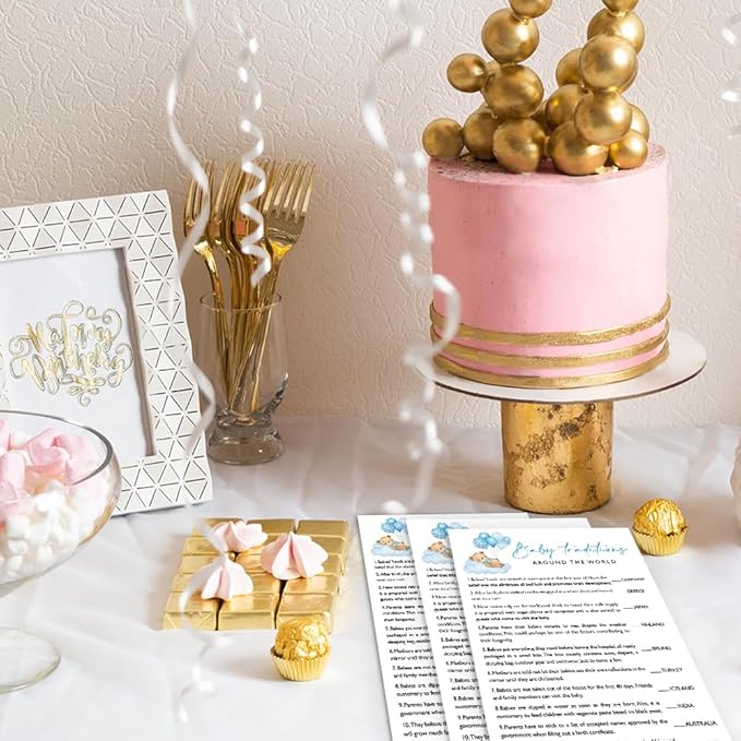 Baby Traditions Around The World Shower Game, 25 Blue Bear & Balloon Theme Cards with 1 Answer Key, Fun Baby Shower Games for Boys, Party Activities & Supplies -B06
