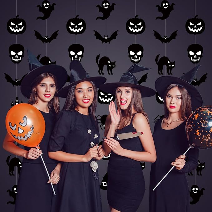 Xinnun 8 Pcs Halloween Party Decorations Garland Spooky Ghosts Skulls Pumpkin Hanging Banner Halloween Black Creepy Party Ceiling Garland for Outdoor Indoor Haunted House Horror Birthday Decor