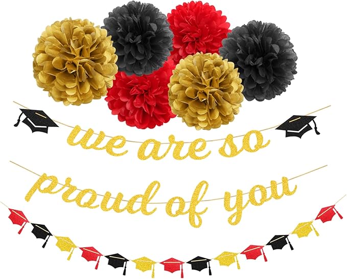 Red Black-Gold Party-Decoration Graduation Banner - 8pcs Kits Cap Garland Streamers, Paper Tissue Pom Poms Flowers,We are So Proud of You Congratulations Grad 2025 Decor Lasting Surprise