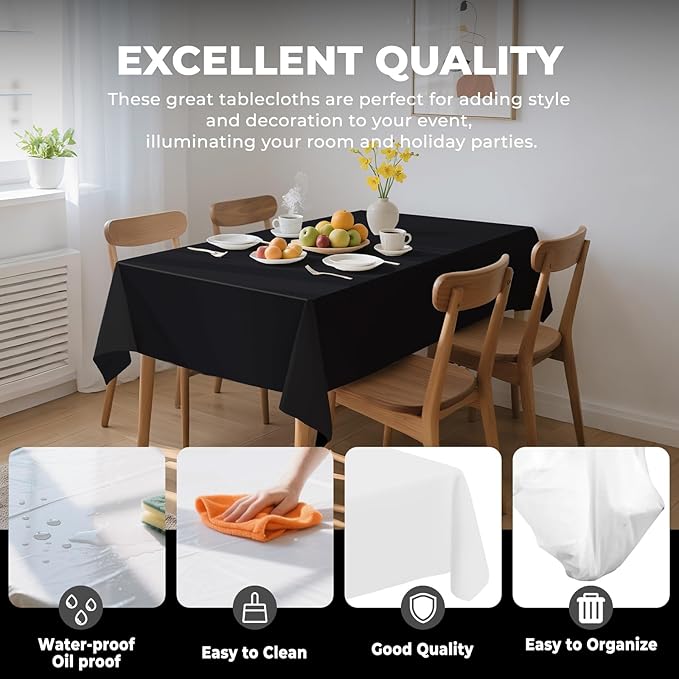 6 Pack Premium Disposable Plastic Tablecloth 54" x 108" Party Table Cloths Disposable for 6 to 8 Foot Tables Indoor or Outdoor Parties Birthdays Weddings Christmas Anniversary Buffet Table (Black)