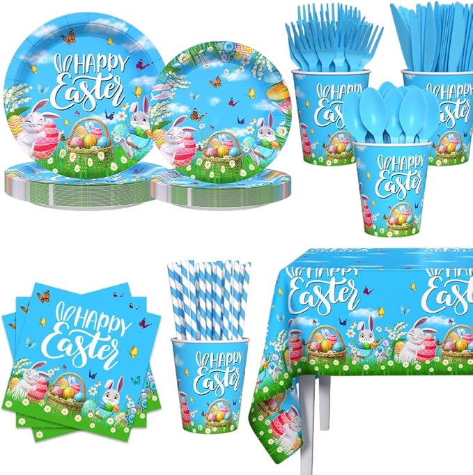 193pcs Happy Easter Party Decorations Easter Paper Plates and Napkins, Cup, Tablecloth, Tableware, Spring Bunny Egg Disposable Dinnerware Party Supplies Serve 24 Guests