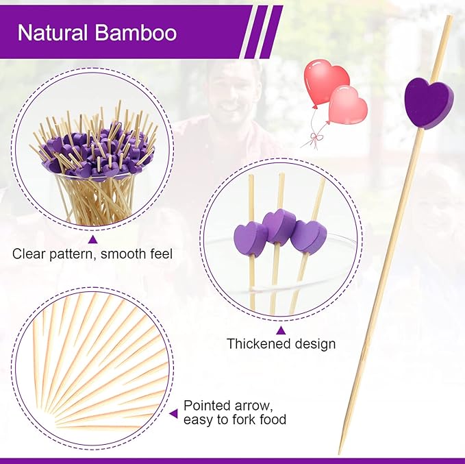 100pcs Purple Love Heart Cocktail Picks 4.7" Long Fruit Sticks Food Toothpicks Sandwich Appetizer Charcuterie Skewers, for Valentines Galentines Mothers Day Birthday Decorations Party Supplies