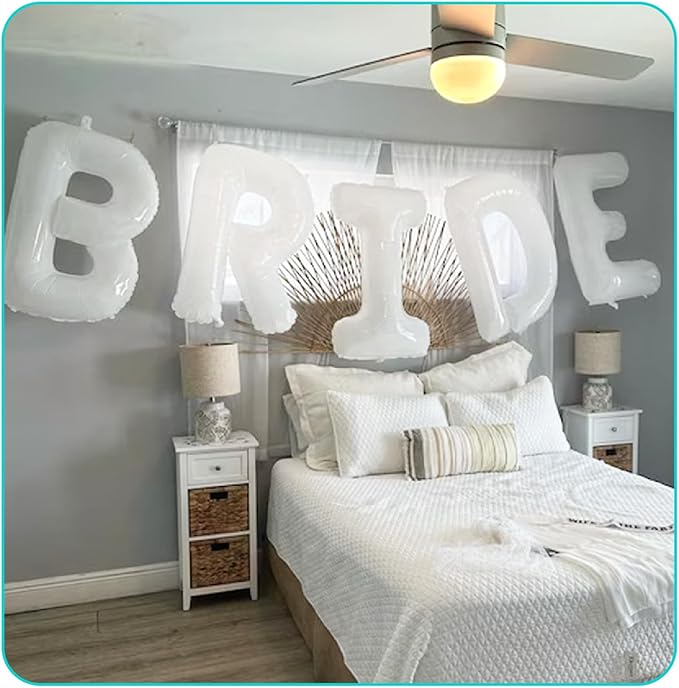 BALLOON VIBE Giant 40" White BRIDE Balloons with Hand Pump, 2 Straws & Ribbon Roll - Bride Letter Balloons for Bachelorette Party Decorations, Wedding, Engagement, Bridal Photo Booth