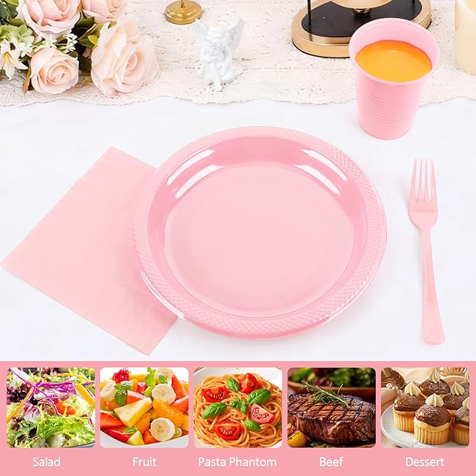 Pink Plastic Party Plates Set, Disposable Light Pink Plates and Napkins for Party, 50 of Each 9" Dinner Plate, Napkins, Cups & Cutlery Plastic Party Supplies for Birthday, Baby Shower, Wedding