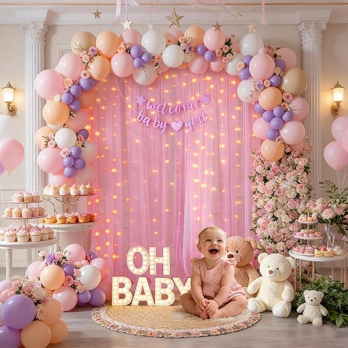 Pink Tulle Backdrop Curtain with String Lights, 2 Panels 5×8FT Sheer Wrinkle-Free Pink Backdrop Drapes for Wedding, Bridal Shower, Birthday, Baby Shower, Princess Party & Photo Booth Decorations