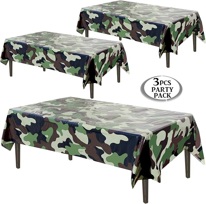 AnapoliZ Army Plastic Tablecloth | 3 Pcs Pack (54” Inch Wide x 102” Inch Long) | Rectangular Camouflage Table Cover | Military Party Table Decorations | Camo Party Plastic Table Cover