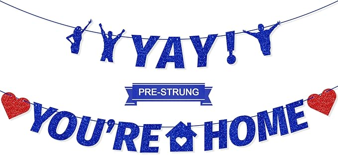 Tellpet Pre-Strung Yay! You’re Home Banner, NO DIY Glitter Welcome Home Decorations for Military Army Returning Homecoming Party, Blue