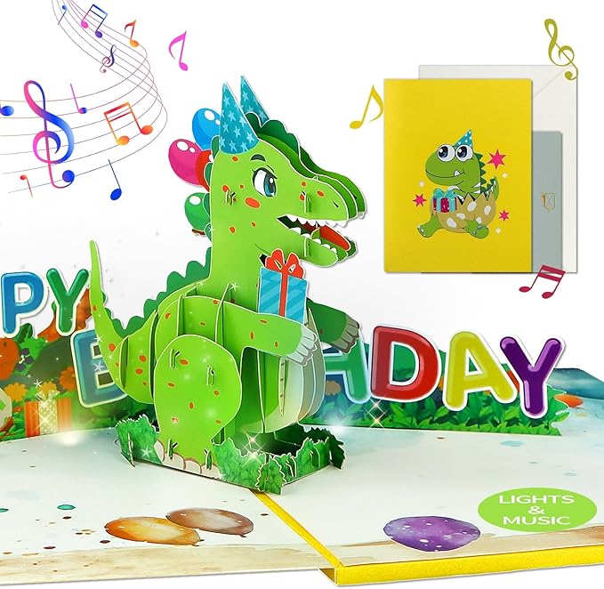 FaCraft Dinosaur Musical Birthday Cards for Kids - Music & Light 3D T-Rex Handmade Pop Up Birthday Cards with Envelope, Blank Insert, Gift for Boys Girls Son Grandson Toddler Nephew 1 2 3 4 5 Year Old