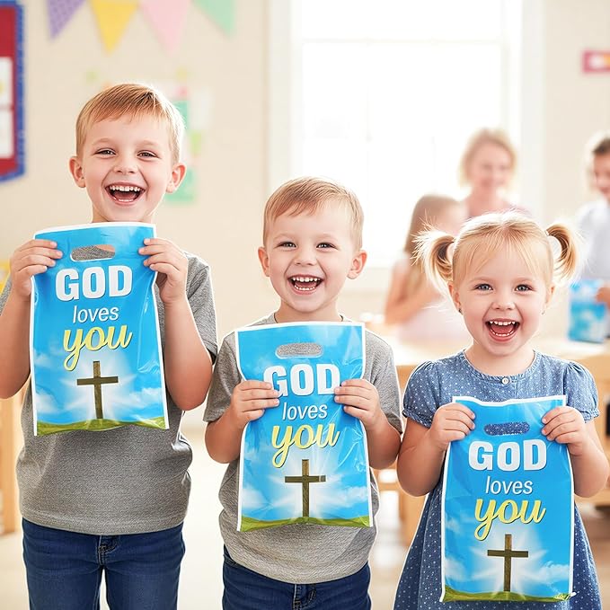 God Loves You Party Favor Bags - 50Pcs Christian Cross Bible Verse Goody Candy Treat Bags for Baptism Party Decorations for Christian Religious Church Sunday School First Communion Events