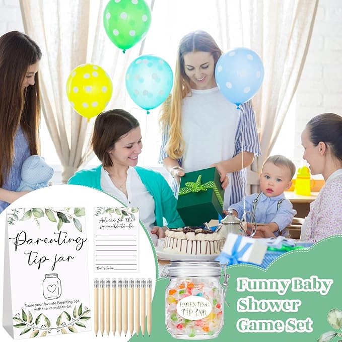 Roowest Baby Shower to Baby Advice Cards for New Parents to Be - Tip Jar Sign for New Parents 60 Parenting Advice Cards 10 HB Pencils 2 Cute Stickers 1 Pet Bottle for Guests Games(Leaf)