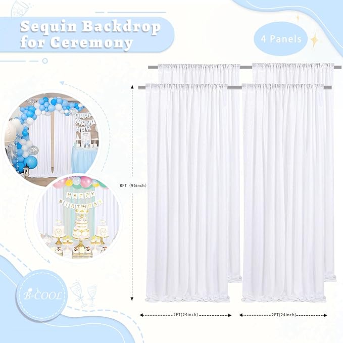 B-COOL White Sequin Backdrop Curtain: 4 Pieces 2ftx8ft Wedding Party Shiny Fabric for Birthday Graduation Background Decorations