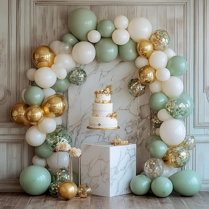 PartyWoo Sage Green Balloon Arch Kit Garland 152pcs Different Sizes of 18 12 10 5 Inch Olive Dusty Green White Gold Confetti Boho Balloons for Baby Shower Graduation Birthday Jungle Party Decorations