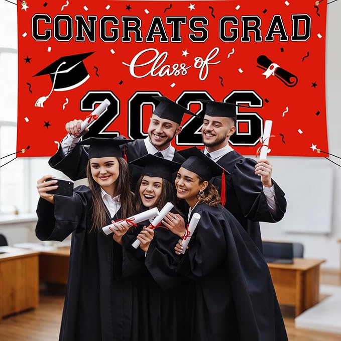 WOHOHOHO 23Pcs Graduation Decorations 2026 Set, Red Porch Door Sign GRAD Banner, Class of 2026 Backdrop, 5 Colors Large Balloons, Hanging Party Supplies for High School College Indoor Outdoor Decor