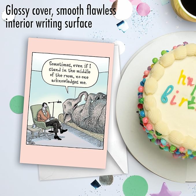 NobleWorks - 1 Funny Cartoon Birthday Greeting Card - Comic Humor, Happy Birthdays Celebration Card - Elephant in Room C9289BDG