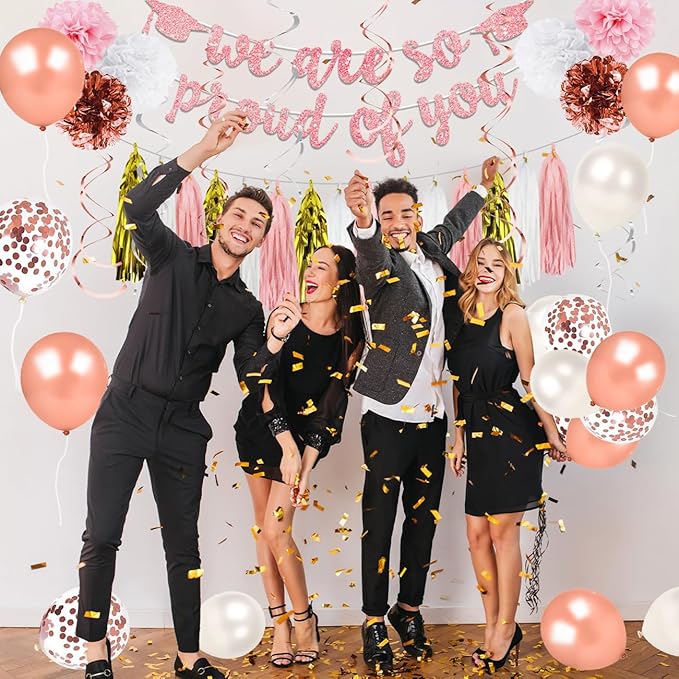 Graduation Decorations 2026 Pink Class of 2026 We Are So Proud of You Banner, Rose Gold 2026 Balloons for Pink Graduation Confetti Party Decorations