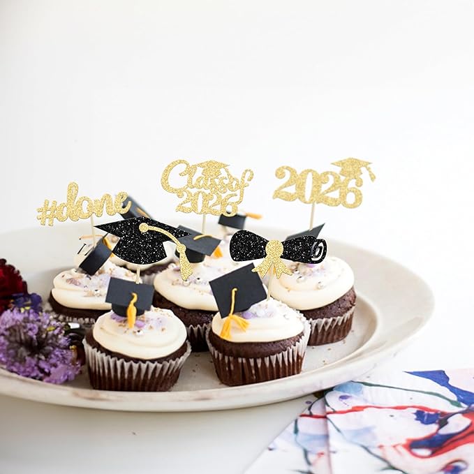Gyufise 30Pcs 2026 Graduation Cupcake Toppers Gold and Black Glitter Class of 2026 Cake Graduation Done Cupcake Picks Grad Cap Diploma Cake Decorations for 2026 Graduation Theme Party Cake