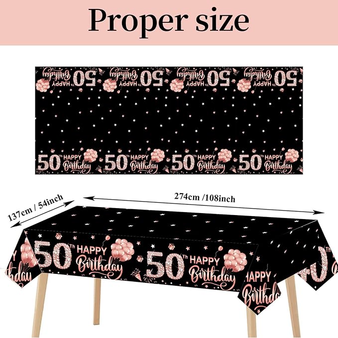 3 Pack Rose Gold Happy 50th Birthday Tablecloth Decorations - Fifty Years Old Plastic Disposable Rectangular Table Cover Party Supplies