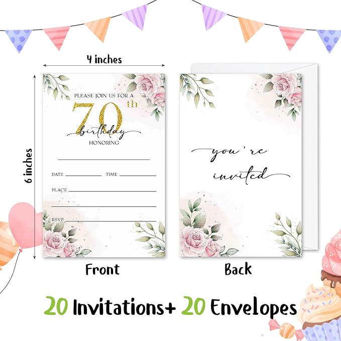 70th Rose Birthday Invitation for Women, Birthday Invitation With Envelopes, 70 Years Old Birth Invites for Adult, 20 Pcs Birth Invite Cards Party Celebration Supplies /05