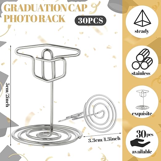 Rtteri 30 Pcs Grad Cap Graduation Picture Display 2 Inch Silver Photo Holders for Centerpieces Graduation Table Number Holders Card Stands for Class of 2026 Grad Party Supplies
