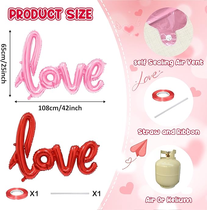 Large Love Foil Balloon 42 Inch Red Pink Love Letters Balloons Banner Giant Valentines Day Balloons Decorations for Valentine Day Romantic Bridal Shower Wedding Anniversary Engagement Party Decoration