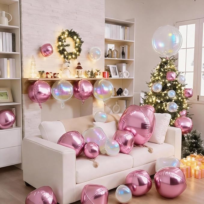 Biapian 12Pcs Pink and Iridescent Round Balloons Foil, 22" 18" 15" 10" 4D Round Shaped Ball Balloon, Large Pink Bubble Balloons for Wedding Prom Bridal Baby Shower Birthday Party Decorations Backdrop