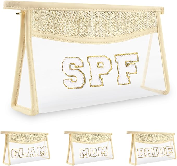 Iqimott Boho Patch SPF Bag Clear Makeup Letter Bag, Waterproof Zipper Make up Bags Toiletry Pouch for Women Girls, Clear Letter Patch Cosmetic Bags Transparent Organizer Pouch for Travel(SPF, Beige)