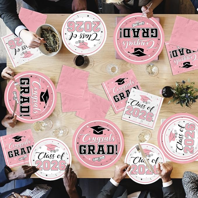 Graduation Party Plates and Napkins Pink Class of 2026 Grad Congrats Party Supplies Disposable Dessert Paper Plates Cocktail Napkins forGraduation Party Decorations,Serve 50