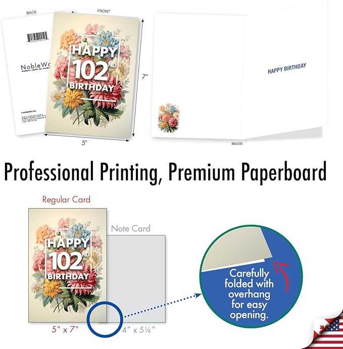 NobleWorks 102th Birthday Milestone Greeting Card with 5 x 7 Inch Envelope (1 Card) Flowers For Milestones - 102 C10580MBG