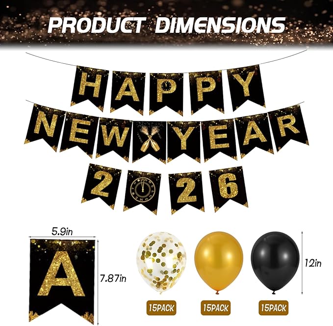 Happy New Year Decorations 2026, New Years Banner Foil Curtain Cone Hats Glasses Photo Props Headband Noisemakers Squakers 2026 Foil Ballons Accessories for Eve Celebration Decorations Favors