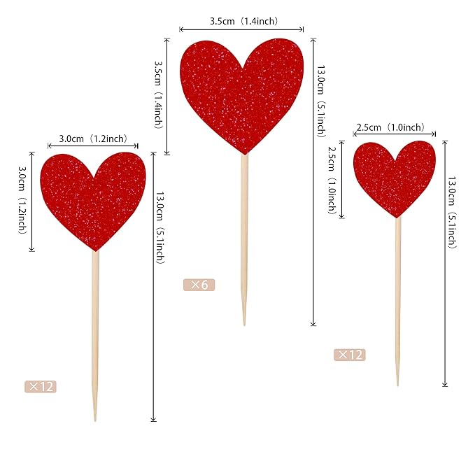 30 PCS Heart Cupcake Toppers Glitter Sweet Love Theme Cupcake Picks Wedding Engagement Bridal Shower Birthday Valentine's Day Party Cake Decorations Supplies Mixed Size Red