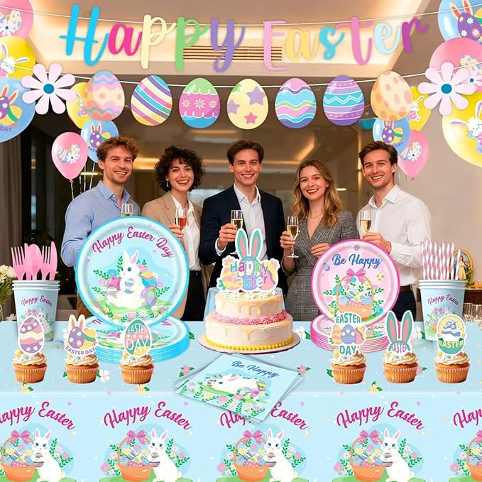 Easter Party Supplies Set, Easter Theme 331 Pieces with Plates, Napkins, Cups, Banner, Balloon, Tablecloth, Flag Swirls and Tableware for 40 Guest Pink and Blue Design for Party