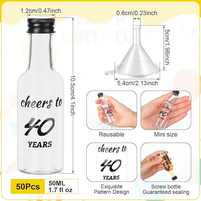 Bokon 50 Pcs Cheers to 40 Years birthday party Mini Liquor Bottles 1.7 oz Mini Wine Bottles for Guests Women Men 40th Birthday Anniversary Wedding Celebration Party Favors