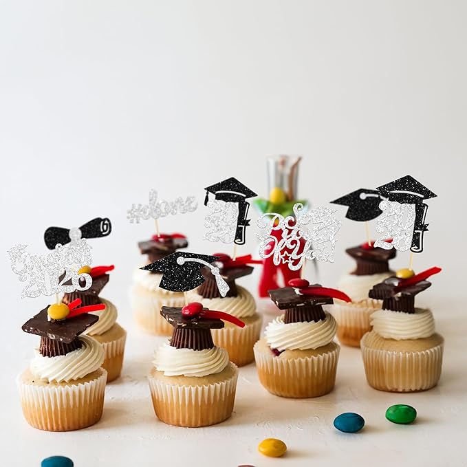 Gyufise 24Pcs Graduation Cupcake Toppers 2026 Silver Glitter Class of 2026 Cupcake Toppers Supplies So Proud of You Congrats Grad Cap Diploma Cupcake Picks for Graduation Party Decorations