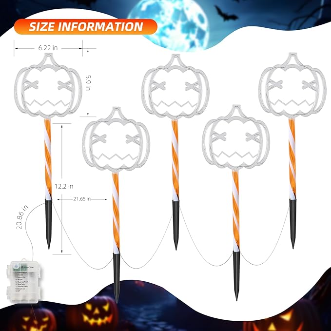 LOLStar Halloween Decorations, 5 Pack Halloween Pathway Lights, Jack-o-Lantern Orange Pumpkin Lights for Walkway, Sidewalk, Garden, Yard, Lawn, Porch, Patio Outdoor Decor with Timer & 8 Lighting Modes