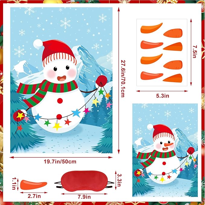 AUGSUN Pin The Nose On The Snowman, Christmas Snowman Games Large Snowman Poster with Carrot Nose and Blindfold Christmas Activities for Families Adult Kids Xmas Gifts Winter Holiday Party Supplies