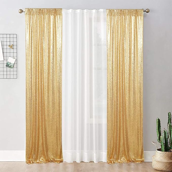 Juya Delight 2ft x 8ft x 2Pcs New Gold Sequin Photography Backdrop Curtain for Party Banquet Festival Wedding Anniversary Exhibition