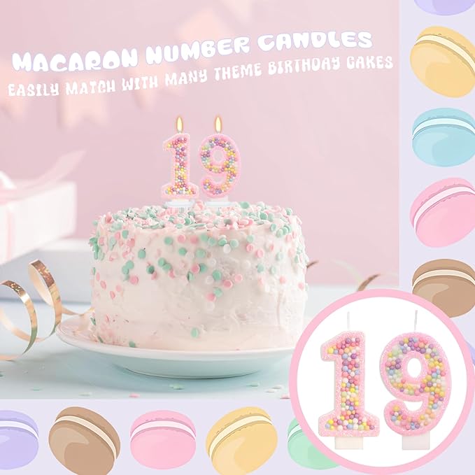 Birthday Candles - Number 19 Candle, Colorful Macaron Candles, 19 Birthday Decorations for Girls, Cake Decorations, Sweet Theme Party Supplies (Pink)